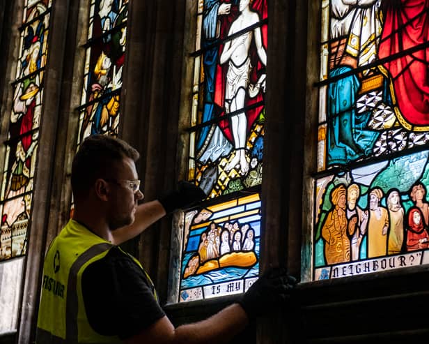 New stained glass windows are installed that have replaced a set that honoured Edward Colston at St Mary Redcliffe church