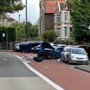 The scene in Brislington where a police chase ended in a car flipping over and hitting several parked cars