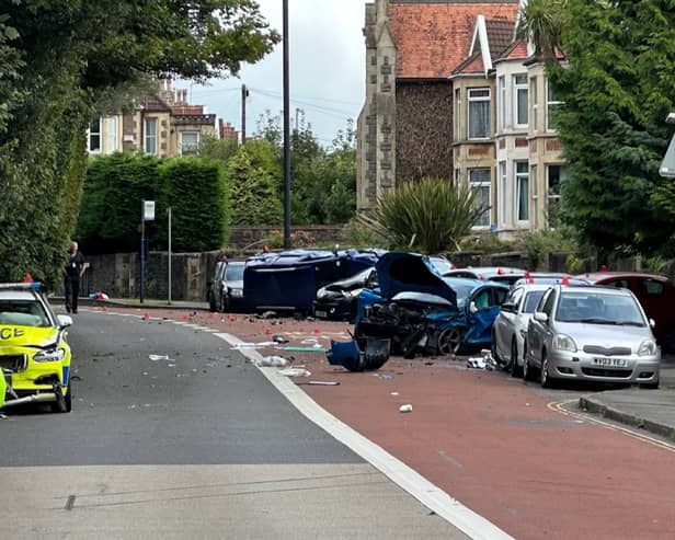 The scene in Brislington where a police chase ended in a car flipping over and hitting several parked cars