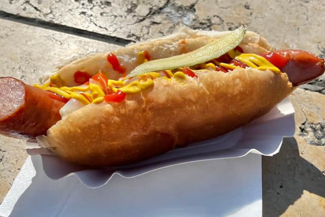 The Coney Island hot dog from NYC Eats at the Harbourside food market in Bristol