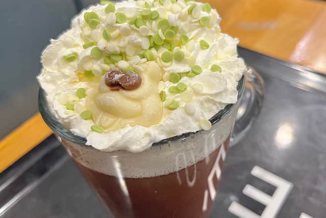 The Colin the Caterpillar hot chocolate drink at M&S Cafe Cribbs Causeway