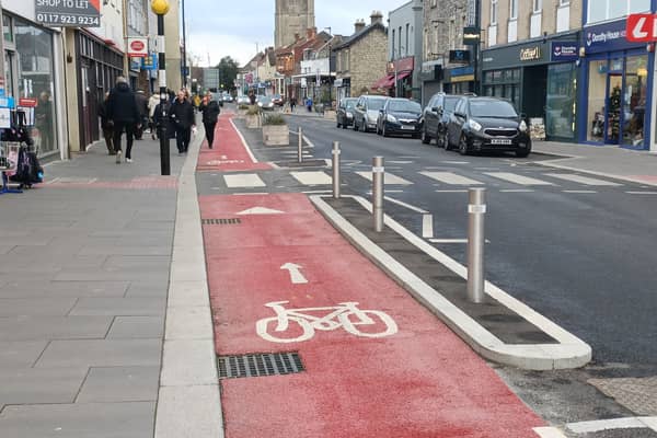 The controversial red-painted cycle lane in Keynsham High Street
