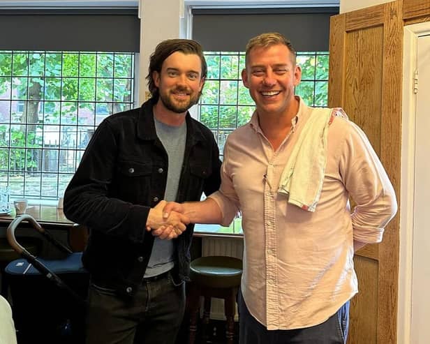 Comedy star Jack Whitehall with landlord Sam Gregory at The Bank Tavern in Bristol