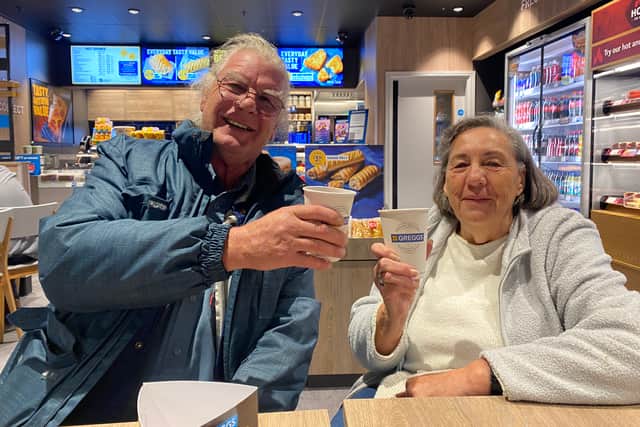 Emelie and Derek Kailoh from Stockwood enjoying a coffee in the new Greggs in the Brislington Tesco Extra on opening day