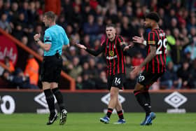 BOURNEMOUTH, ENGLAND - OCTOBER 28: Alex Scott and Philip Billing of AFC Bournemouth react towards Referee Sam Barrott during the Premier League match between AFC Bournemouth and Burnley FC at Vitality Stadium on October 28, 2023 in Bournemouth, England. (Photo by Eddie Keogh/Getty Images)