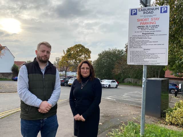 Councillors Sam Bromiley and Liz Brenna at Laburnum Road car park in Thornbury