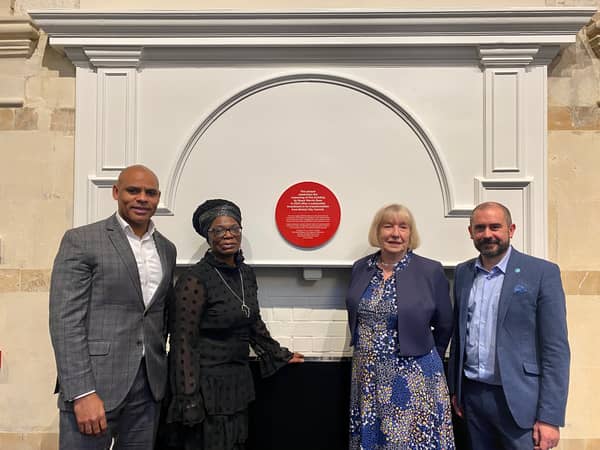 Marvin Rees and deputy mayors Craig Cheney and Asher Craig joined Bristol Beacon chief executive Louise Mitchell to unveil the plaque at Bristol Beacon
