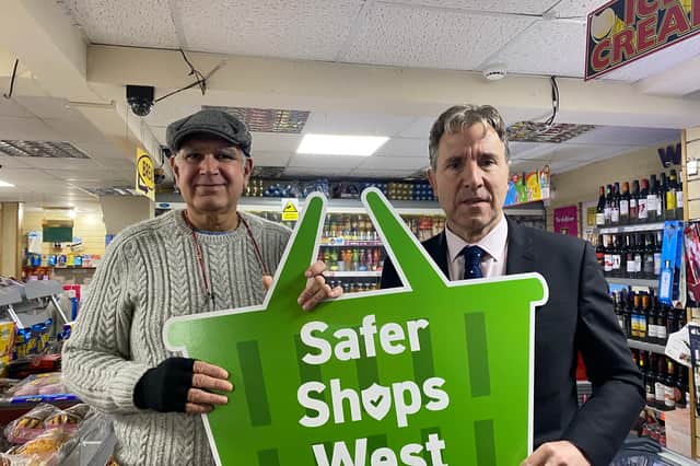 Dan Norris visited Shafique Awan's store in Headley Park to launch his Safer Shops West scheme