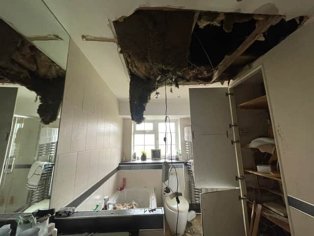 The ceiling in the Underwoods' main bathroom had entirely collapsed after a pipe burst while they were away in Florida