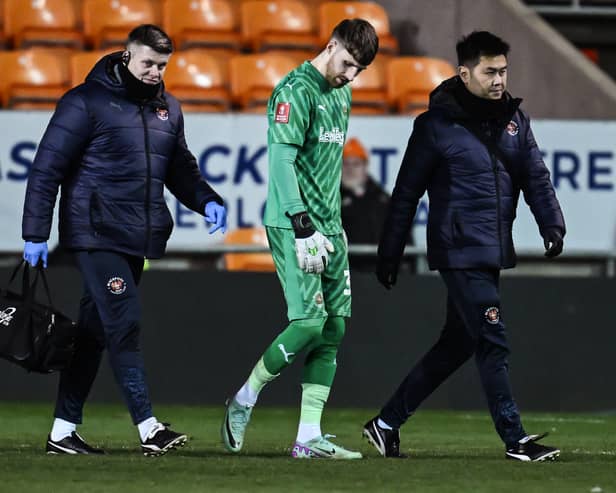 Dan Grimshaw was substituted off by Blackpool on Wednesday. He is 'touch and go' for their clash with Bristol Roves. (Image: Getty Images)
