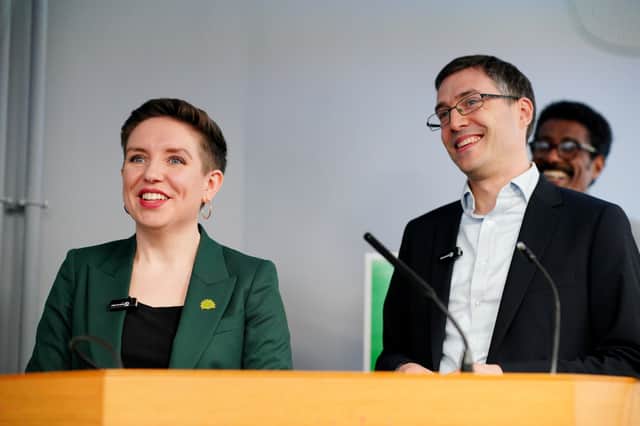Green Party co-leaders Carla Denyer and Adrian Ramsay speak at their local election campaign launch in Bristol. Credit: PA
