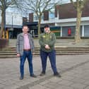 Stockwood Ward councillors Jon Hucker and Graham Morris outside the site where a new Premier food store and Post Office are due to open