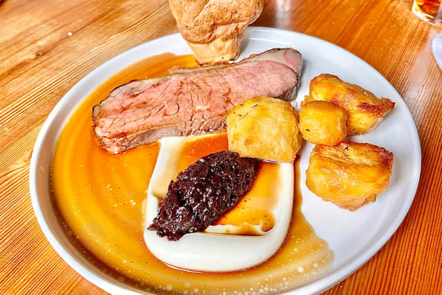 The roast beef sirloin with roast potatoes and Yorkshire pudding