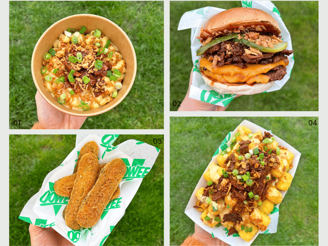 Oowee Vegan will be offering a whole new "Love Saves The Day Menu" with 30 lucky customers receiving a golden weekend ticket to the music festival Love Saves The Day. Highlights include BBQ Brisket Mac and Cheese (top left), BBQ Brisket Smashburger (top right), Frickless (bottom left) and BBQ Brisket Tots (bottom right). Credit: Oowee Vegan
