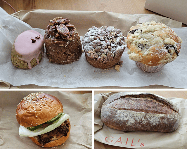 GAIL's opened its doors at Clifton Village on May 2 and serve a delicious selection of cakes, sandwiches, breads and savoury pastries. Top image from left to right: Pistachio, Lemon & Rose cake, Caramel, Banana & Pecan cake, Pecan & Cinnamon crumb cake, Blueberry Muffin. Bottom left Chicken Parmesan Sandwich. Bottom Right Sourdough loaf of bread.