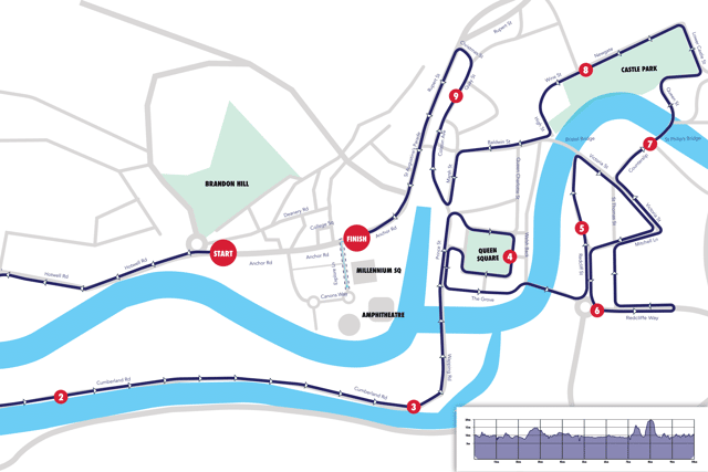 The 10k route. The race starts at Anchor Road, passes by some of the most iconic landmarks in Bristol and finishes at Millennium Square. Credit: AJ Bell Great Bristol Run