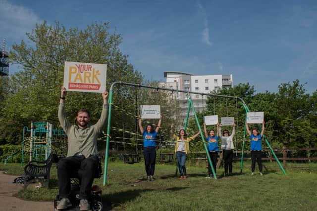 From left to right: Colin Matthews, wheelchair user; Charlee Bennett, Chief Executive of Your Park Bristol & Bath; Ruth Bartlett, social prescribing lead at Connexus PCN; Sara Laking from Your Park Bristol & Bath's 'Roots to Wellbeing' mental health programme; Jane Ibbunson, visually impaired parks user; and Katharine Everard  from Your Park Bristol & Bath's 'Roots to Wellbeing' mental health programme. Credit: Beata Cosgrove Photography