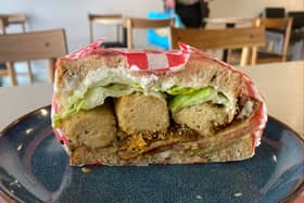 The chunky chicken sandwich includes deep-fried 'chicken' and crispy 'bacon' - both are actually tofu  