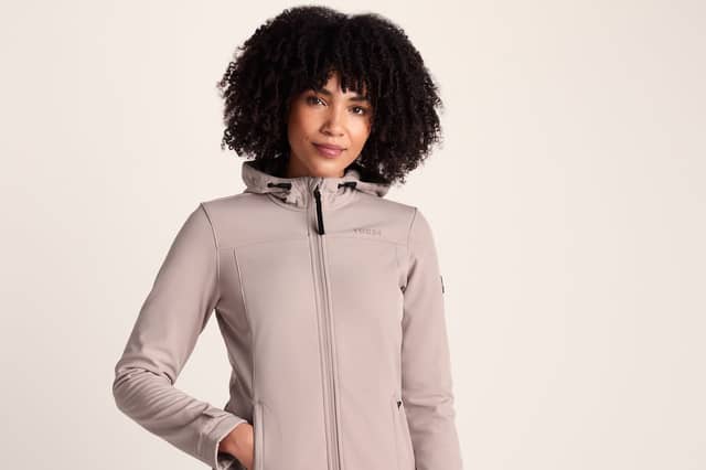 The TOG24 Keld Womens Softshell Hooded Jacket has been reduced to by half price in various colours, including dusky pink (pictured).