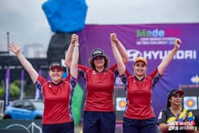 From left to right: Ella Gibson takes gold in Medellin, Compound Women’s Team win silver, Recurve Women’s Team win silver.