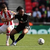 STOKE ON TRENT, ENGLAND - APRIL 15: Antoine Semenyo of Bristol City battles with Tommy Smith of Stoke City during the Sky Bet Championship match between Stoke City and Bristol City at Bet365 Stadium on April 15, 2022 in Stoke on Trent, England. (Photo by Jan Kruger/Getty Images)