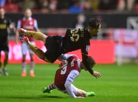 George Tanner of Bristol City tackles James McAtee of Sheffield United before being sent-off: Ashley Crowden / Sportimage