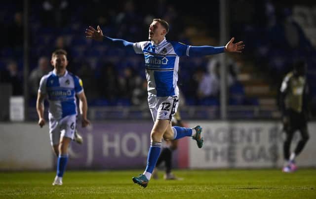 Newcastle United's Elliot Anderson celebrates scoring a goal for loan club Bristol Rovers this month. (Image: Dan Mullan) 