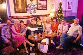 Fulwell 73 produced Gavin and Stacey Christmas Special for the BBC featuring business partner James Corden  (No. n/a) - Picture Shows:  Jason (ROB WILFORT), Stacey (JOANNA PAGE), Gavin (MATTHEW HORNE), Smithy (JAMES CORDEN), Nessa (RUTH JONES), Pam (ALISON STEADMAN), Gwen (MELANIE WALTERS), Bryn (ROB BRYDON), Mick (LARRY LAMB) - (C) GS TV Productions Ltd - Photographer: Tom Jackson.