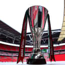 LONDON, ENGLAND - APRIL 03: A detailed view of the Papa John's Trophy prior to the Papa John's Trophy Final between Rotherham United and Sutton United at Wembley Stadium on April 03, 2022 in London, England. (Photo by Catherine Ivill/Getty Images)