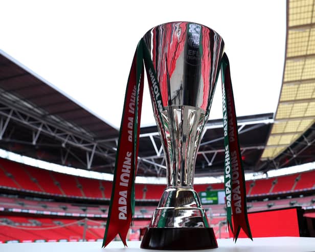 LONDON, ENGLAND - APRIL 03: A detailed view of the Papa John's Trophy prior to the Papa John's Trophy Final between Rotherham United and Sutton United at Wembley Stadium on April 03, 2022 in London, England. (Photo by Catherine Ivill/Getty Images)